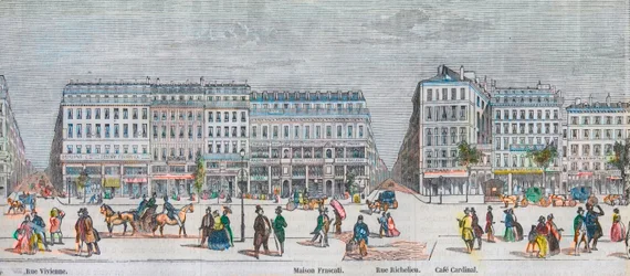 Boulevard Montmartre south side and Boulevard des Italians south side - Rue Vivienne - Maison Frascati - Rue Richelieu - Cafe Cardinal - Engraving in 