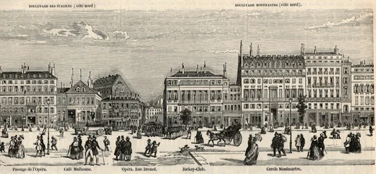 Boulevard des Italiens et boulevard Montmartre - Cafe Mulhouse - Cercle Montmartre - Jockey club - Engraving in 