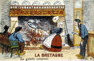Brittany: the galette returned to the chimney (crepes) - postcard, early 20th century
