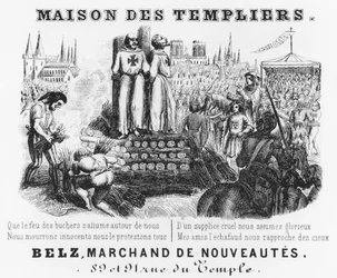 Burning of the Templars, bill heading of a drapers shop, Maison des Templiers, Belz, rue du Temple, Paris