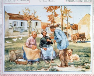 Calendar of Posts and Telecommunications representing three peasants discussing. 20th century