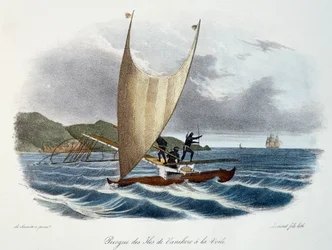 Canoe with sail from the Vanikoro Islands, Solomon Islands, colour engraving from Voyage of discovery of the Astrolabe undertaken by order of the king, during the years 1826-1829, by Jules-Sebastien-Cesar Dumont d