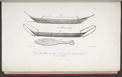Canoes, and a club from Easter Island, from Voyage pittoresque autour du monde, avec des portraits de sauvages d