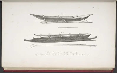 Canoes of the Marshall Islands, and a canoe and weapons of the Cook Islands, from Voyage pittoresque autour du monde, avec des portraits de sauvages d