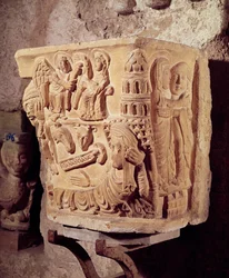 Capital showing The Annunciation, the Visitation and the Nativity, 12th century