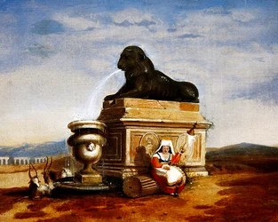 Capriccio of Roman remains with an Italian peasant woman spinning, c.1825