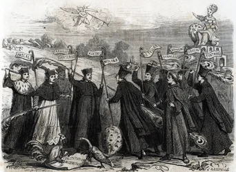 Caricature about Unigenitus an apostolic constitution in the form of a papal bull promulgated by Pope Clement XI in 1713, opened the final phase of the Jansenist controversy in France 1713