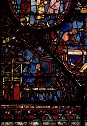 Carpenters at work, detail from the Life of St. Julian the Hospitaller window in the north ambulatory