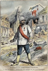 Cartoon on commander Jean-Baptiste Marchand, in Toulon, returning from an exploration mission in Africa. Engraving in 