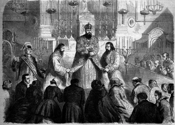 Catholic Rite - Mass - 26 January 1860: Mass celebrated according to the Armenian rite by the superior of the Mechitarists in the church of Notre Dame des Victoires, Paris. Engraving in 