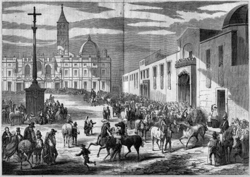 Catholic feast - Saint Anthony: blessing of horses in the square of the Church of Saint Mary Maggiore, Rome, Italy, January 1859. In front of the church, a granite column topped by a cross (1595) commemorating the conversion of Henry