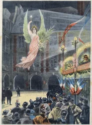 Centennial celebration of the birth of the French writer Victor Hugo (1802-1885): the genie of Renommee descending on the poet