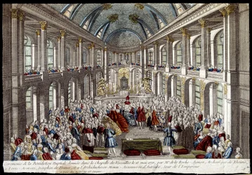 Ceremony of the bridal blessing given in the chapel of Versailles on 16 May 1770 by Louis Auguste, Dauphin of France (Louis XVI), and Marie Antoinette of Austria - engraving