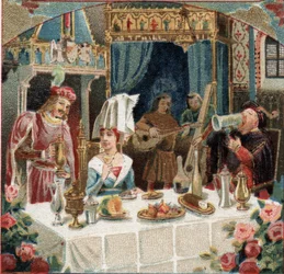 Chamberlain Jehan de Saintre serving a drink at the Lady of Belles Cousines at a banquet at the Chateau d