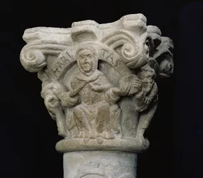 Charity, a nun distributing bread and clothes, relief from a capital