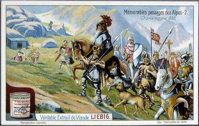 Charlemagne and his army crossed the Alps in 800 - Liebig chromolithography, beginning of the 20th century