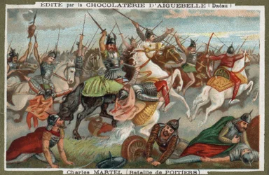 Charles Martel arrested Muslims at the Battle of Poitiers in 732. Chromolithography of the 19th century.