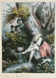 Children Spying on a Young Girl Washing Her Feet in a Stream