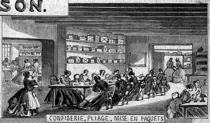Chocolate manufacturing: confection of chocolate candy, folding workshop and packaging. Usine de M. Masson, Paris