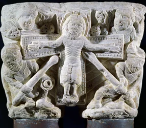 Christ on the Cross, relief on a capital of twin columns