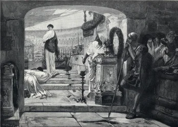 Christian martyr entering the arena to be delivered to the beasts. Engraving after the painting by Albret Baur