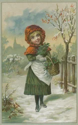 Christmas Scene with Girl Gathering Holly