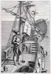 Christopher Columbus on his trailer, illustration 