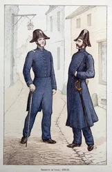 City Sergeants. Two Law Enforcement Officers Talking. Lithography Around 1829-1830. Prefecture de Police, Paris