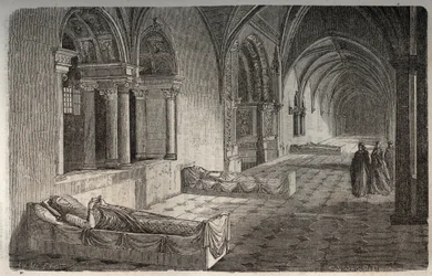 Cloitre de Fontevrault with statues of Henri II - Eleonore de Guyenne - engraving in 