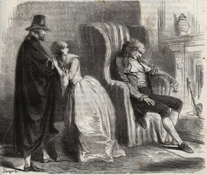 Clotilde Sprengel and Zacharie Bergmann watch German doctor Petrus Schultz asleep in front of the 18th century. Engraving from 1871 in 