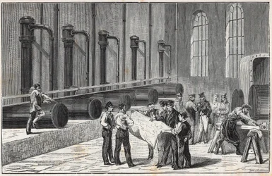 Compressor apparatus using compressed air for the drilling of the Mont Cenis tunnel as suggested by Jean Daniel Colladon - Engraving in 