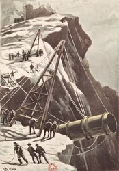 Construction of a rocket launching cannon, from From the Earth to the Moon by Jules Verne published in 1865