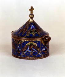 Container for holy oil in enamel. Limoges