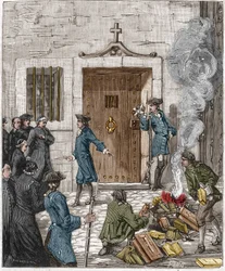 Conviction of the Societe des Jesuites following the decision of the Parlement de Paris of 6 August 1762. The court ordered that more than 24 books and books made by the Jesuites be burned by the executioner. Engraving of the 19th century.