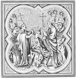 Coronation of Charlemagne (742-814), after a miniature in Chronicles of St. Denis
