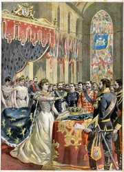Coronation of Queen Wilhelmina of the Netherlands. Coronation of Queen Wilhelmina of Holland (1880-1962) (Wilhelmina Helena Pauline Maria van Oranje-Nassau) in the Nieuwe Kerk in Amsterdam - Illustration for Le Petit Journal