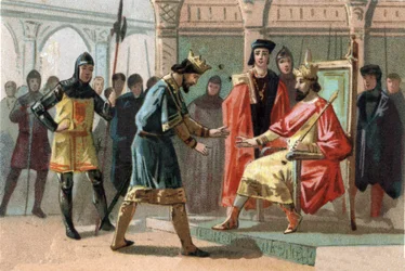 Count Louis de Crecy, threatened by the inhabitants of Kortrijk, asked for help from the King of France Charles the Fair (1294-1328). Chromolithograph around 1890