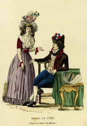 Couple in fashion from 1792. Colour engraving after the drawing of Haarlem