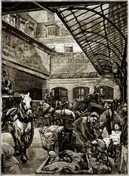 Courtyard for the transshipment of postal bags in the Hotel des Postes in Paris in the middle of the 19th century