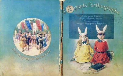 Cover illustration & back cover of a French school textbook about writing, published by Hachette in Paris, 1905