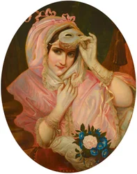 Lady with Mask in Pink Garment 19th Century