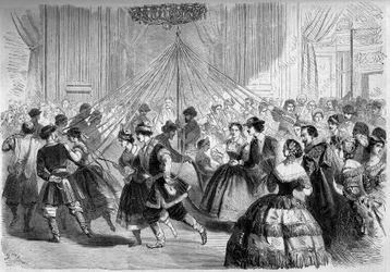 Dance: the skater grid. The dancers hold a ribbon whose end is attached to a May plant in the middle of a circle. Scene at the ball given by Count Walewski in 1861. Engraving in 