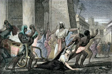 Death of Hypatia murdered by followers of Cyril, Patriarch of Alexandria, end of 19th century (engraving)