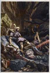 Death of the Knight Roland, nephew of Charlemagne, at the Battle of Roncevaux (778) opposing the Army of Charlemagne and the Saracens (engraving from L