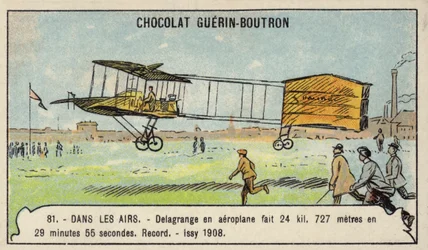 Delagrange making a record-breaking aeroplane flight of over 24 kilometres in 29 minutes and 55 seconds, Issy, France