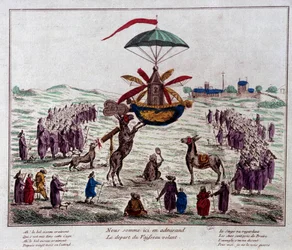 Departing the satire flying ship on the flying machine imagined by Jean-Pierre Blanchard: donkeys, monkeys and blind look at the strange machine equipped with six wings and a rudder. Engraving from the end of the 18th century. Paris, Musee Carn