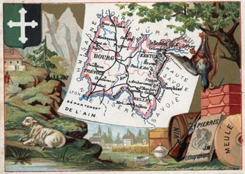 Department of Ain, Rhone-Alpes, France. Local speciality: breeding, hunting, wine, grinding wheel and lithography. Series on the French Departments. Chromolithography 