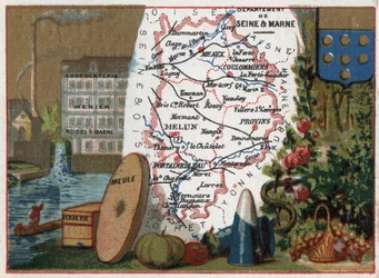 Department of Seine and Marne, Ile de France, France. Local speciality: chocolate factory Menier chocolaterie in Noisiel sur Marne, glassware, millstone. Series on the French Departments. Chromolithography 