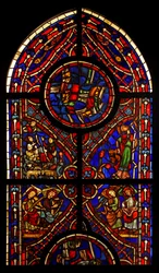 Part of a window from the church of Varennes-Jarcy (originally from the Abbey de Gercy?); scenes include the Annunciation to the Shepherds, the Synagogue and musician angels