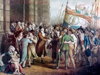 Deputies of the National Convention leaving the Assembly at the Tuileries, 31st May 1793 - “The 31st of May 1793” - Paris, 31 May 1793: the citizens armed in front of the Girondins leaving the Convention after being beaten by the Montagnards, in the